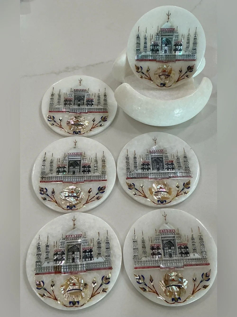 Set 6 Round Marble Tea Coaster Set Taj Mahal Art Gift-able Coaster for Eid 4.5”